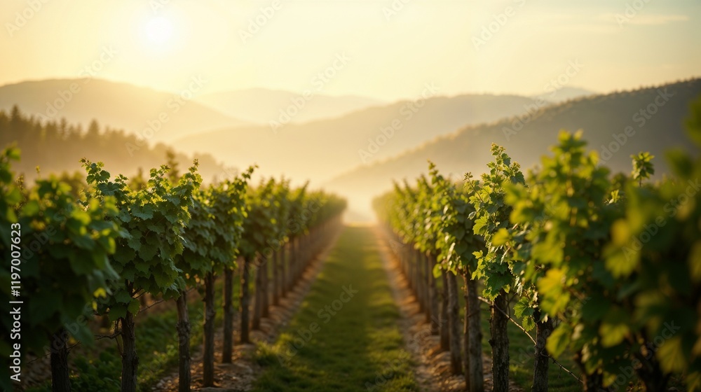 Naklejka premium Scenic vineyard landscape during golden hour in early evening light