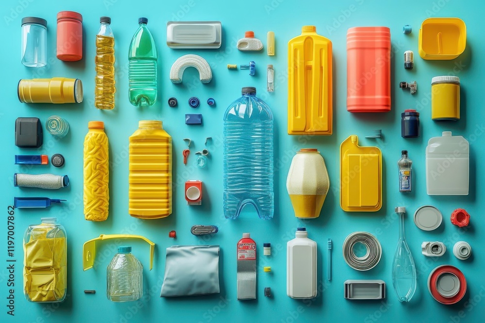 A colorful arrangement of various plastic containers and items on a blue background, showcasing diverse shapes and sizes. A colorful arrangement of various plastic containers and items on a blue background, showcasing diverse shapes and sizes.