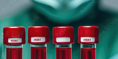 Avian Flu monitoring concept. The image shows several test tubes with red caps labeled 