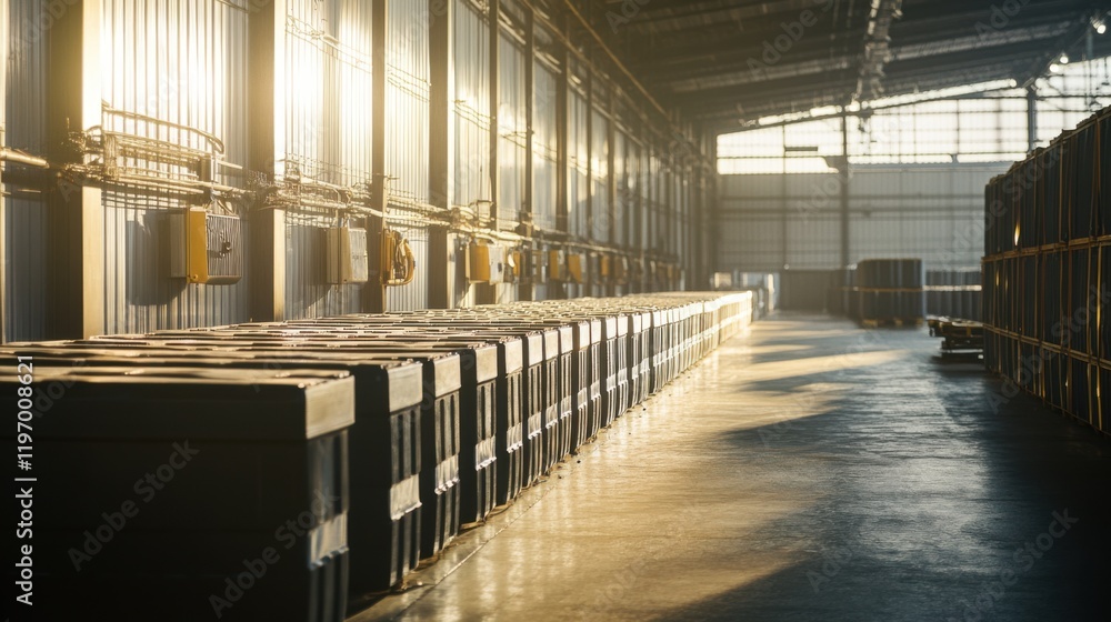 Obraz premium Industrial Warehouse Sunlight Rows Stacked Metal Containers Storage, Sodium-ion batteries