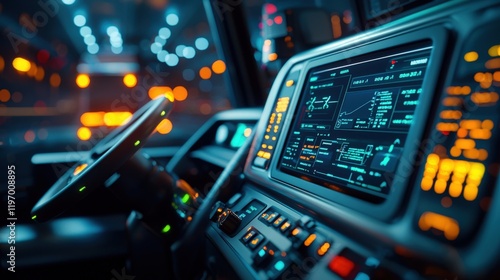 Modern Truck Interior with Advanced Technology Display and Control Panel in a Night-time Urban Environment