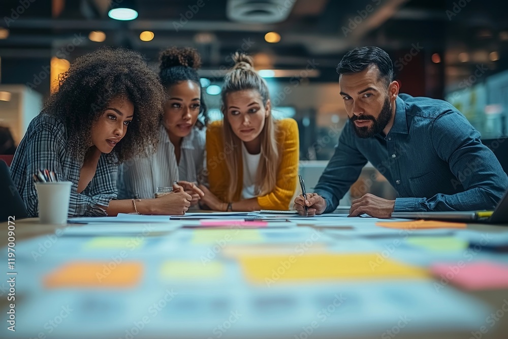Multiracial group of business colleagues brainstorming during presentation in the office. Generative AI Multiracial group of business colleagues brainstorming during presentation in the office. Generative AI