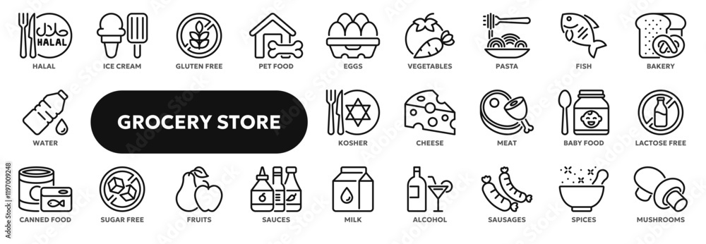 Set of vector line icons of grocery store food items such as meat, milk, seafood, bread and others. Symbols for website or app ui, logo design, illustration