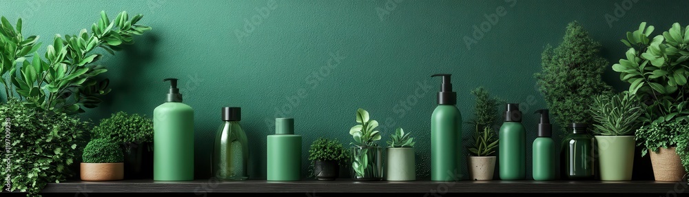 A serene green display of various bottles and plants, creating a refreshing and natural ambiance on a shelf against a textured green wall. A serene green display of various bottles and plants, creating a refreshing and natural ambiance on a shelf against a textured green wall.