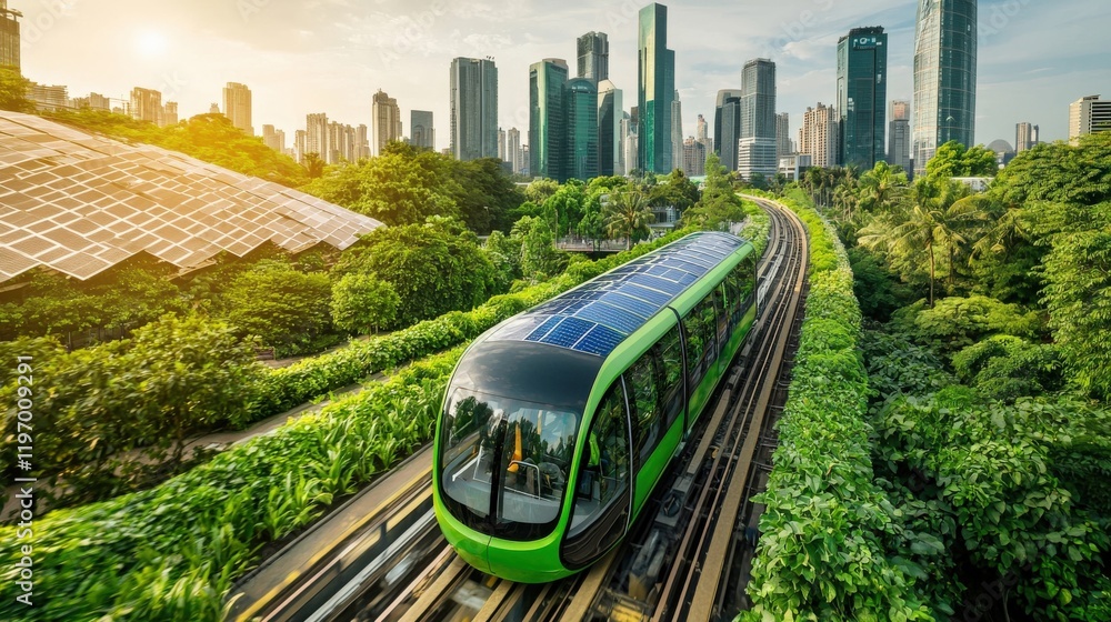 Fototapeta premium Sustainable Urban Transport Concept with Green Solar-Powered Train in Modern Cityscape Surrounded by Nature