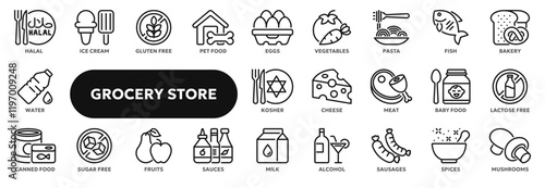 Set of vector line icons of grocery store food items such as meat, milk, seafood, bread and others. Symbols for website or app ui, logo design, illustration