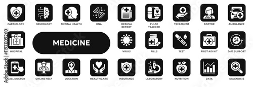 Set of vector solid icons related to healthcare and medicine, first aid, pharmacy. Symbols for website or app ui, logo design, illustration