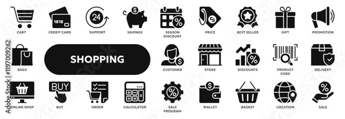 Set of vector solid icons related to shopping, e-commerce, retail store. Symbols for website or app ui, logo design, illustration