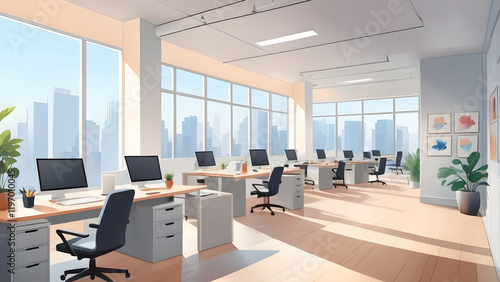 オフィスの室内イラスト、水彩画風