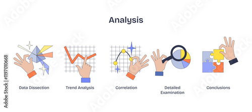 Analysis focuses on hands manipulating graphs, charts, and puzzles, symbolizing data interpretation, transparent background. Neubrutalism hands concept