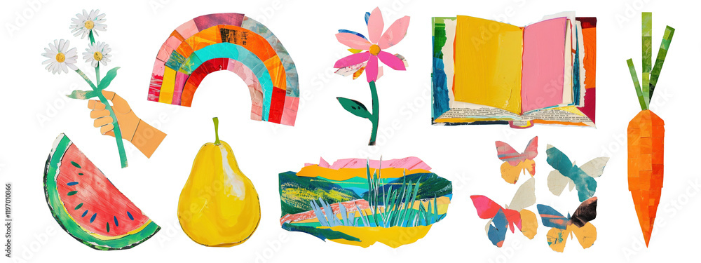 Fototapeta premium PNG Colorful artistic nature illustrations set, isolated on transparent background