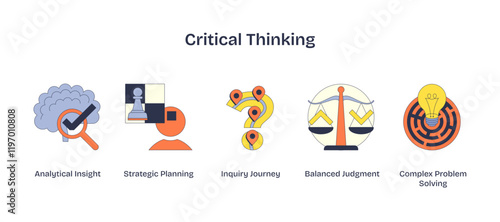 Critical Thinking, Brain, chess piece, and scales symbolize analytical insight and judgment, transparent background.