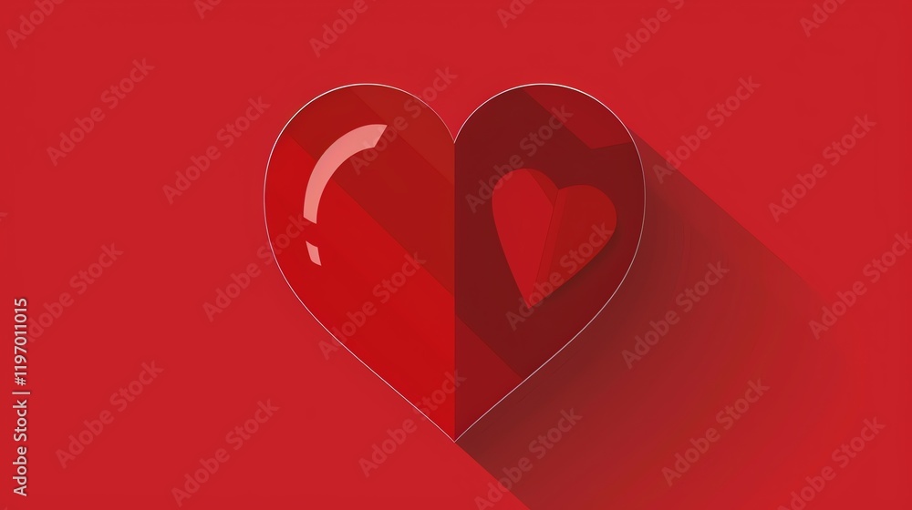 A layered red heart with a shadow on a red background.
