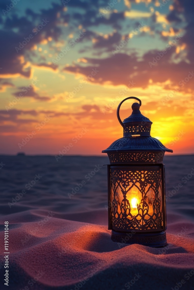 Ramadan Mubarak with Glowing Lantern in the Desert Sunset or Sunrise.