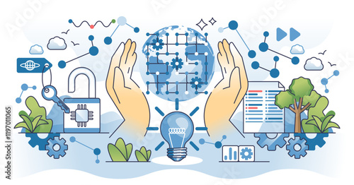 Open source AI concept with hands, globe, and gears symbolizing collaboration and innovation, transparent background. Outline hands concept