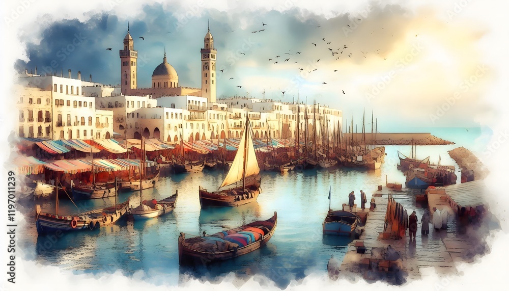 Fototapeta premium It is not a real place, but it looks very real , the downtown port on 1890