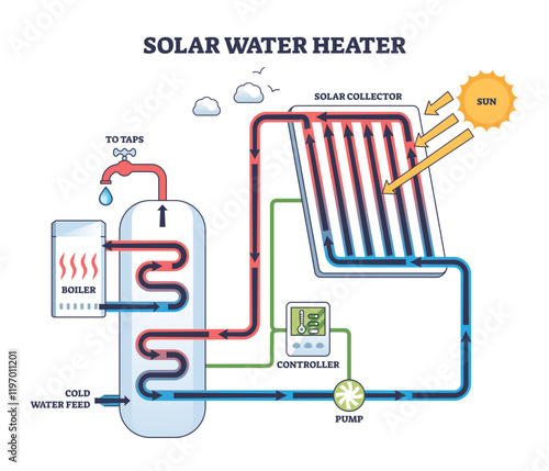 Solar water heater diagram showing solar collector, boiler, and pump, transparent background.