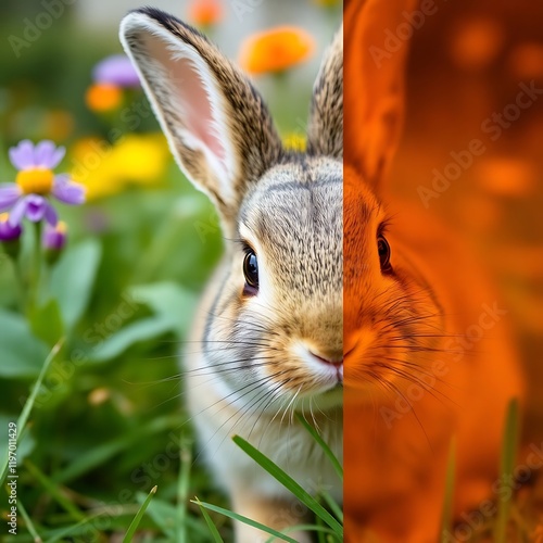 Cute bunny rabbit in spring flowers, half hidden. photo