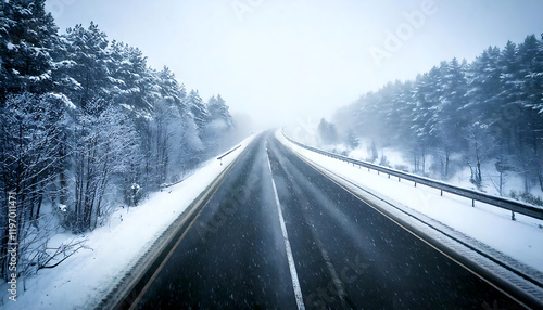 雪景色の高速道路 - 冬の旅路と静寂の風景　AI生成
