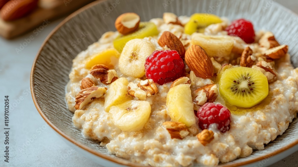 A bowl filled with creamy oatmeal features sliced bananas, vibrant raspberries, juicy kiwi, and a variety of crunchy nuts, creating a colorful and nutritious breakfast choice A bowl filled with creamy oatmeal features sliced bananas, vibrant raspberries, juicy kiwi, and a variety of crunchy nuts, creating a colorful and nutritious breakfast choice