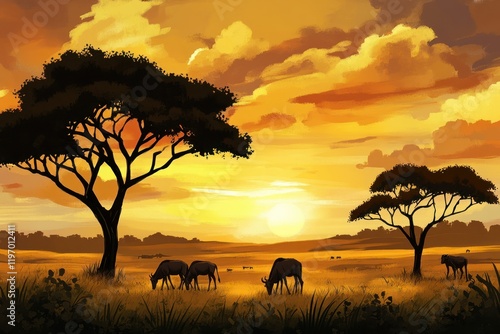 Serene Sunset Over Savannah with Animals Grazing Amidst Silhouetted Trees in Warm Golden Hues and Dramatic Cloud Patterns Underneath a Majestic Sky photo