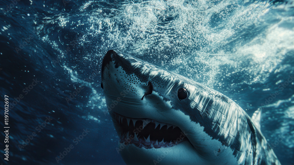 Fototapeta premium Great white shark attack with big teeth swimming underwater in ocean