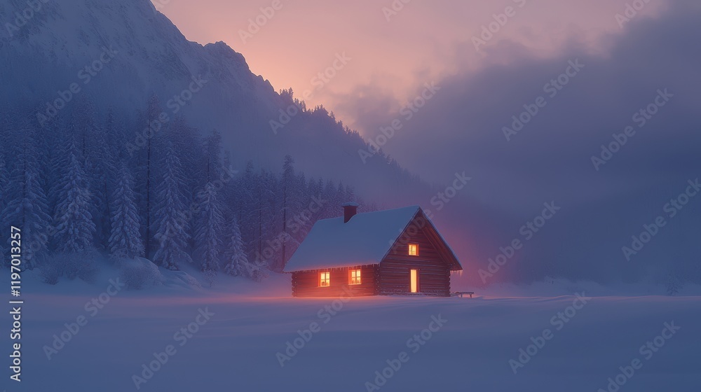 Fototapeta premium A serene winter scene featuring a cozy cabin nestled among snow-covered trees, illuminated warmly against a twilight backdrop of mountains