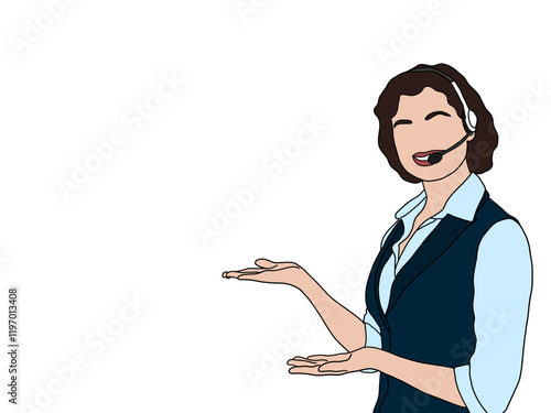 The operator girl on the phone with headphones demonstrates with her hands.