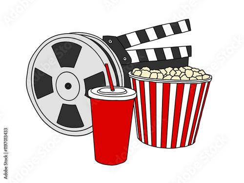 Cracker and reel-to-reel film, popcorn and soda.