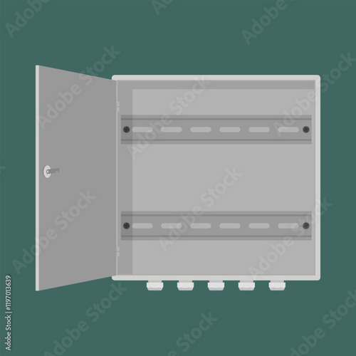 Empty steel circuit breaker box with two DIN rails and mounted cable glands. Vector illustration