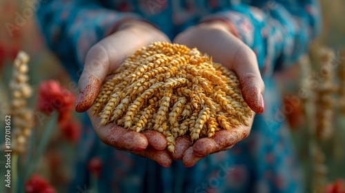 A close-up of hands holding fresh harvested crops as part of the Vaisakhi harvest celebration