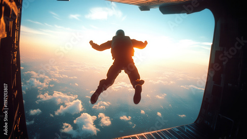 Skydiver jumping out of airplane at sunset, extreme sports background