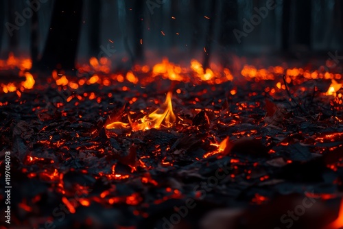 A dark forest scene illuminated by glowing embers among fallen leaves, creating a mysterious and eerie atmosphere photo