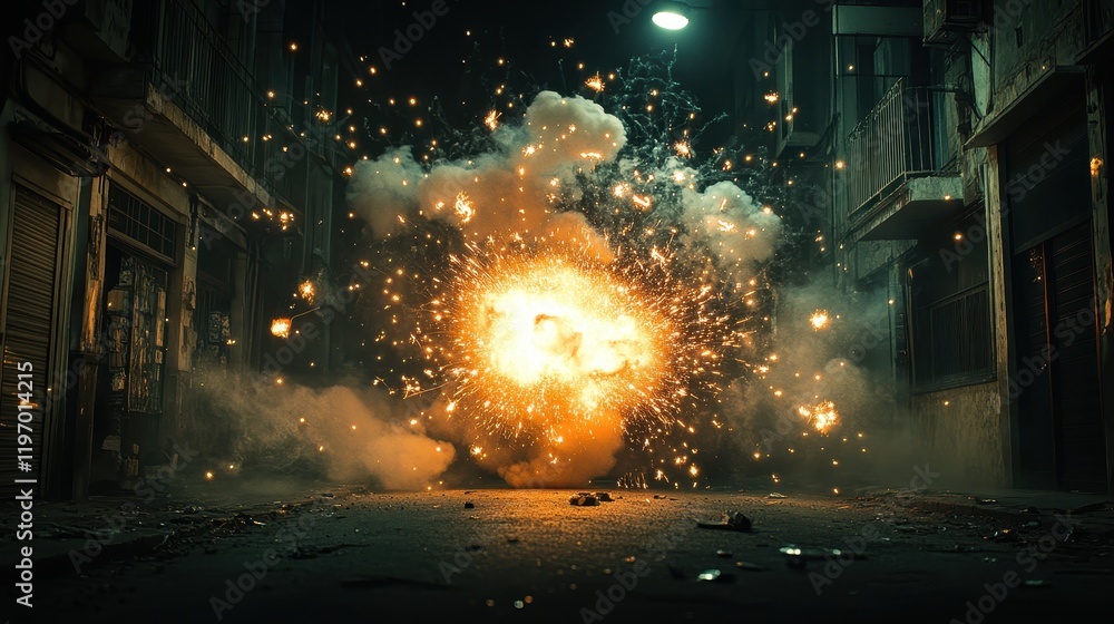 Obraz premium Vibrant Explosion in Dark Urban Street Setting