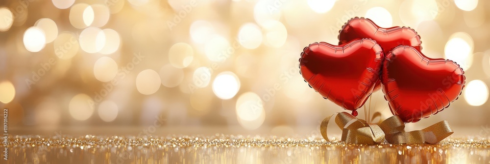 Red Heart-Shaped Balloons on Golden Bokeh Background for Happy Valentine's Day Celebration. Red Heart-Shaped Balloons on Golden Bokeh Background for Happy Valentine's Day Celebration.