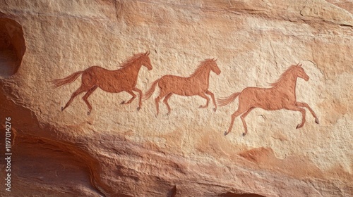 Ancient Rock Art Three Running Horses, Sandstone Petroglyphs, Prehistoric Painting photo