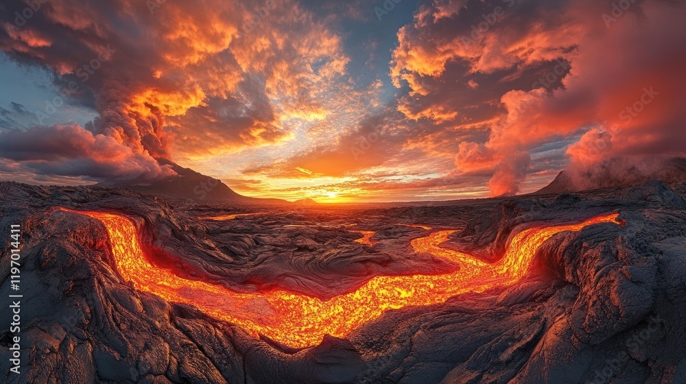 Fototapeta premium Molten Rivers Flowing Across a Fiery Landscape at Sunset