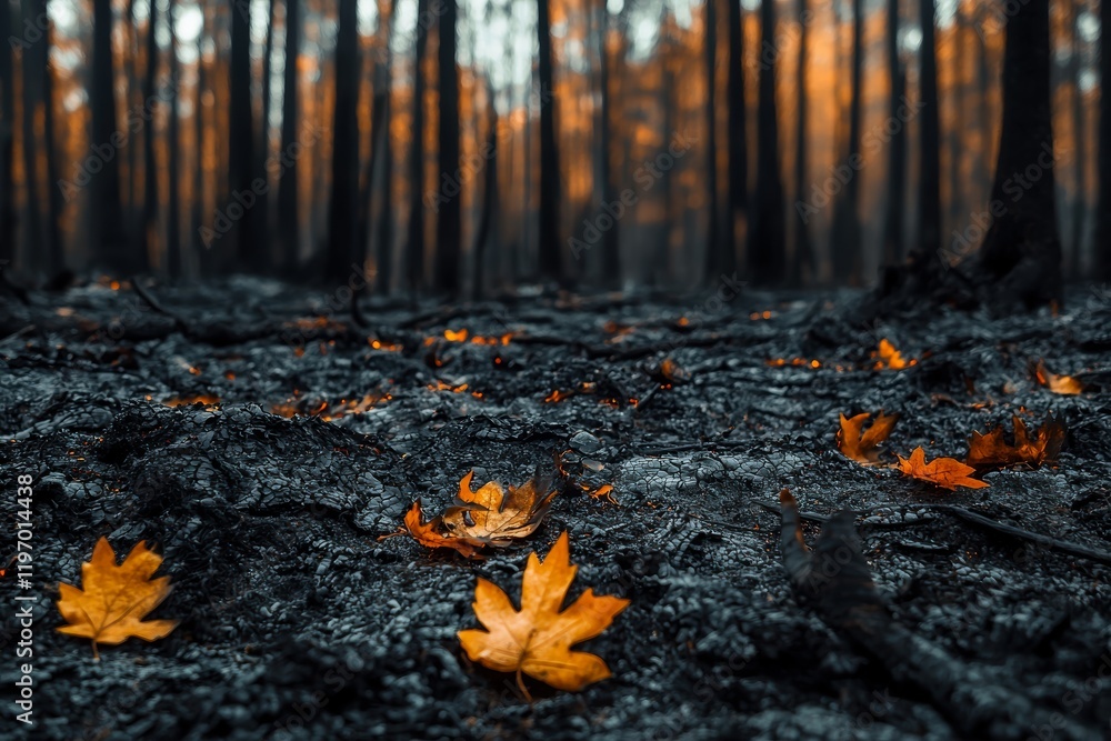 A haunting landscape shows charred ground beneath a forest of tall trees, with vibrant autumn leaves scattered among the ashes, illuminated by a warm glow in the background A haunting landscape shows charred ground beneath a forest of tall trees, with vibrant autumn leaves scattered among the ashes, illuminated by a warm glow in the background