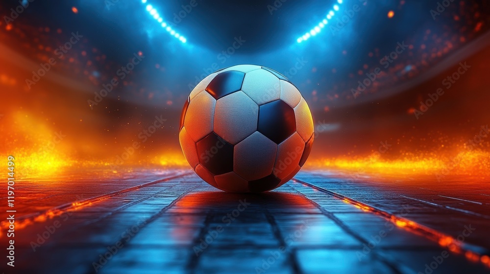 Fototapeta premium Soccer Ball on Stadium Floor with Dramatic Lighting and Energetic Atmosphere in Background for Sports and Event Themes