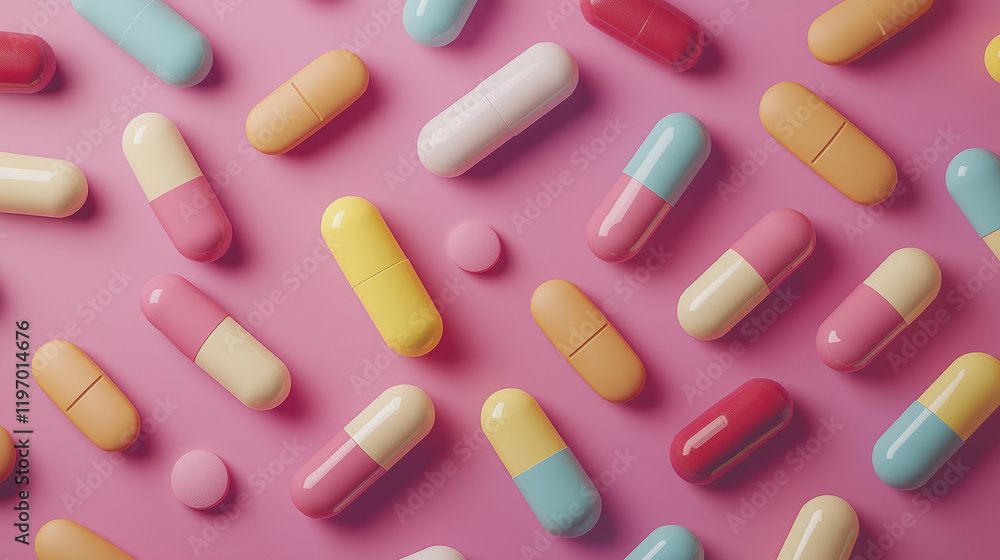 Close-up of multi-colored tablets and capsules arranged randomly on a smooth neutral background Close-up of multi-colored tablets and capsules arranged randomly on a smooth neutral background