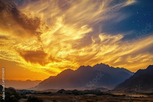 Breathtaking Sunset Over Mountain Range with Dramatic Clouds and Vibrant Skies Captivating Nature's Beauty at Dusk and Nightfall in Serene Landscape
