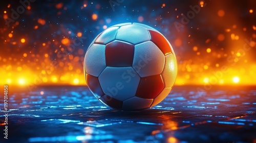 Vibrant Soccer Ball Illuminated in a Dynamic Stadium Atmosphere with Spotlight Effects and Fiery Background photo