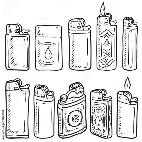 Cigarette lighter with ink engraved decoration in black isolated on white background. Hand drawn vector sketch illustration in doodle engraved vintage line art style. Concept of smoking, heat, fire
