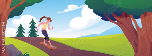 Vector illustration of a girl riding a skateboard on the road in a green park