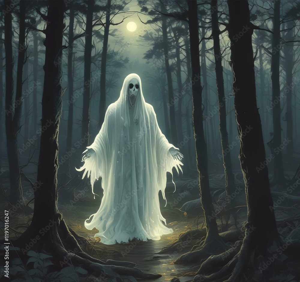 Illustration of glowing ghost in creepy forest. Illustration of glowing ghost in creepy forest.