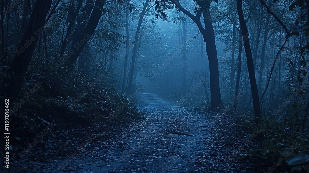 Obraz premium Dark Forest Path Enveloped In Misty Night