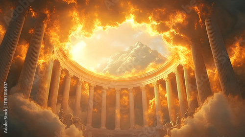 The Olympian gods in a circular formation, surrounded by marble columns and swirling clouds, deciding the fate of mortals below, with Mount Olympus glowing in golden light