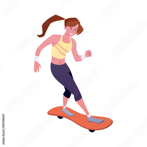 Vector image of girl in a sports uniform riding a skateboard on a white background