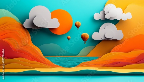 Paper cutout-style landscape with mountains, clouds, sun, and a hot air balloon photo