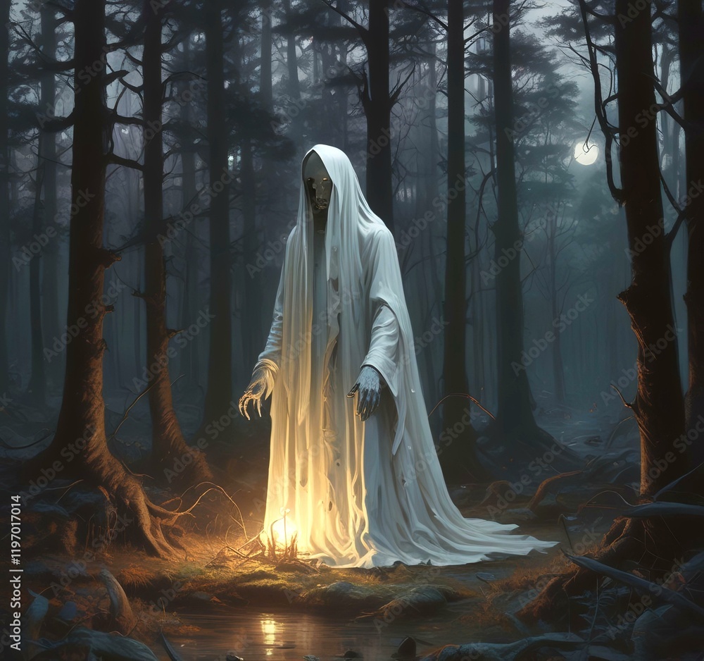 Illustration of glowing ghost in creepy forest. Illustration of glowing ghost in creepy forest.